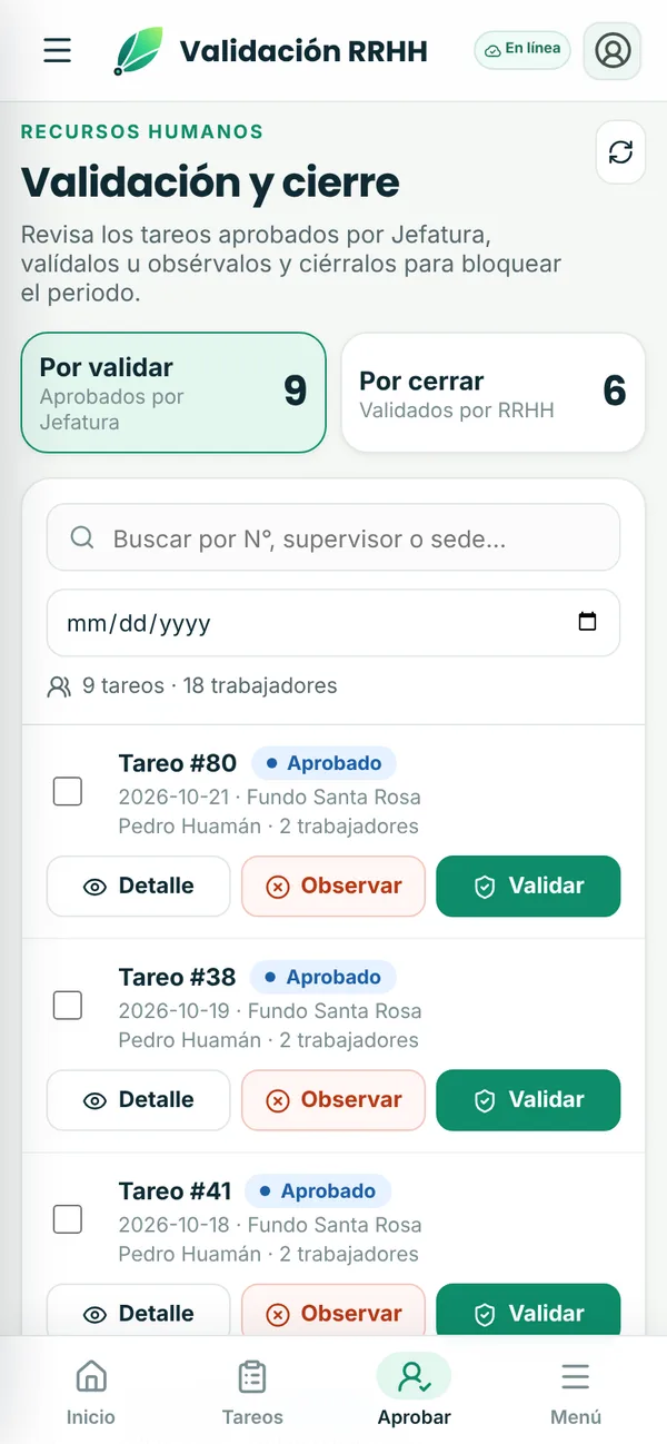 Bandeja de validación de RRHH en el celular