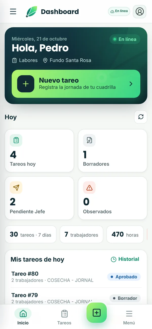 Inicio del supervisor en el celular con botón Nuevo tareo